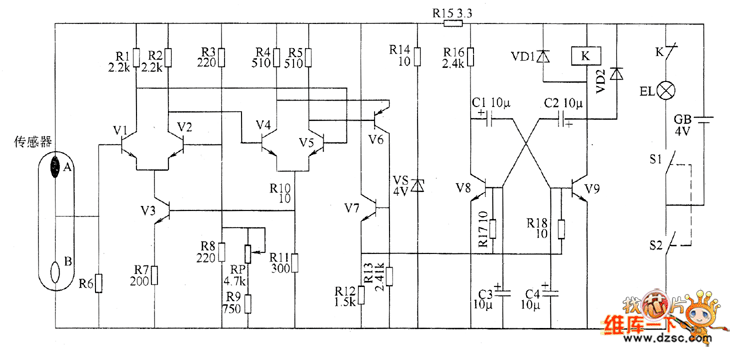 瓦斯超限報警礦燈電路圖一